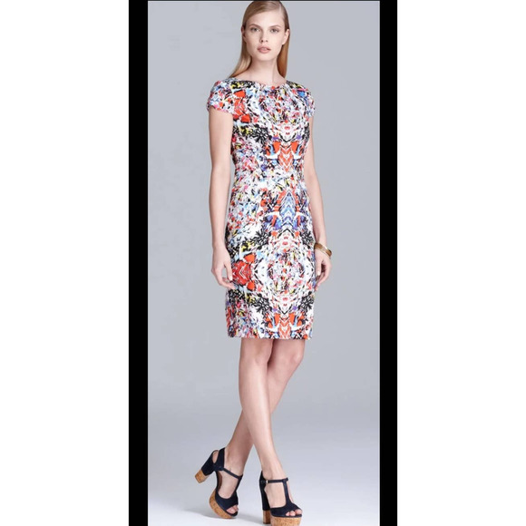 T Tahari‎ Women Skyler Colorful Kaleidoscope Cap Sleeve Midi Shift Dress. Size 2 - Picture 1 of 12